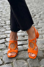 Aimee - Women's Block Heel Sandals with Circular Cut-Out Detail