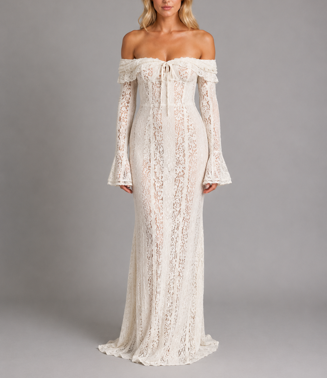 Alessandra - Women's Off-Shoulder Lace Maxi Dress with Bell Sleeves