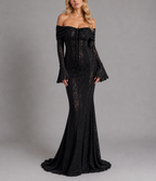 Alessandra - Women's Off-Shoulder Lace Maxi Dress with Bell Sleeves