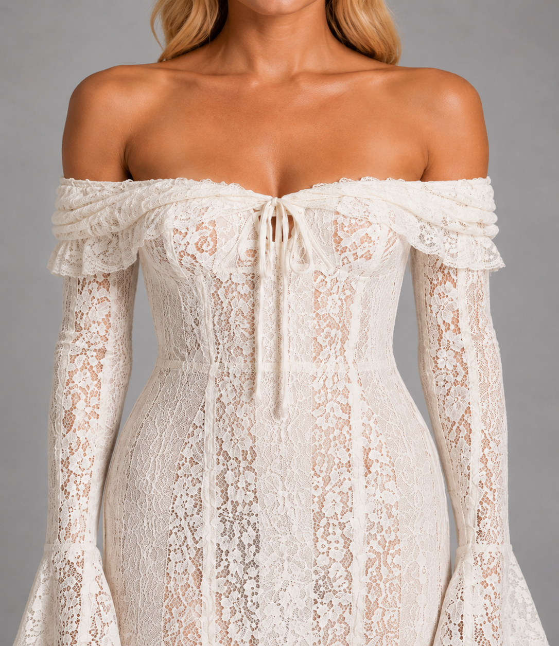 Alessandra - Women's Off-Shoulder Lace Maxi Dress with Bell Sleeves
