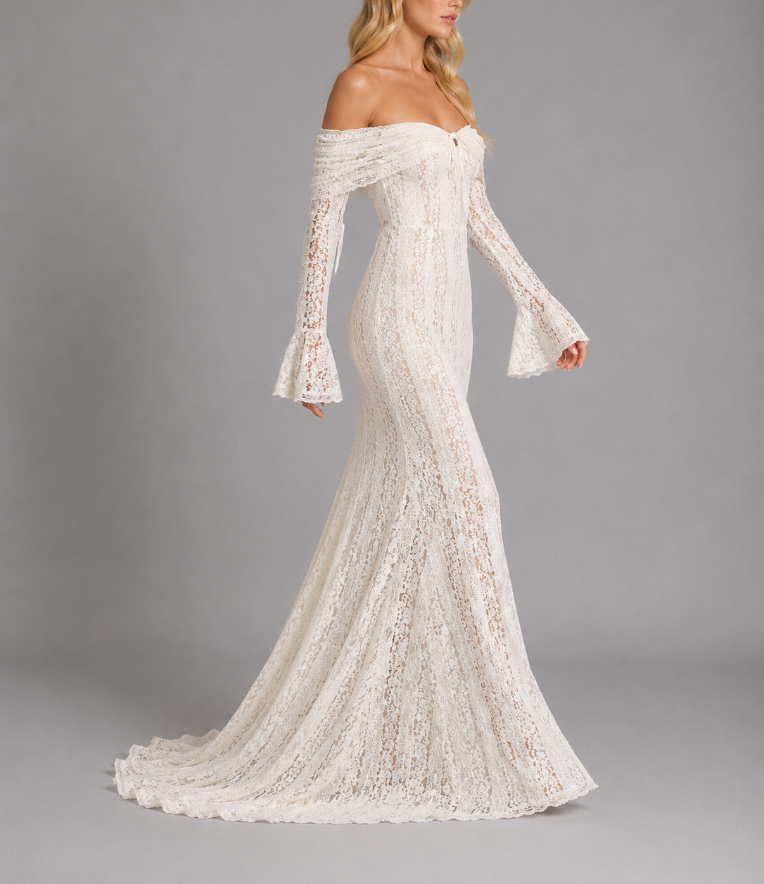Alessandra - Women's Off-Shoulder Lace Maxi Dress with Bell Sleeves