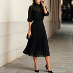 Alethea - Women's Sheer Sleeve Pleated Midi Dress Set