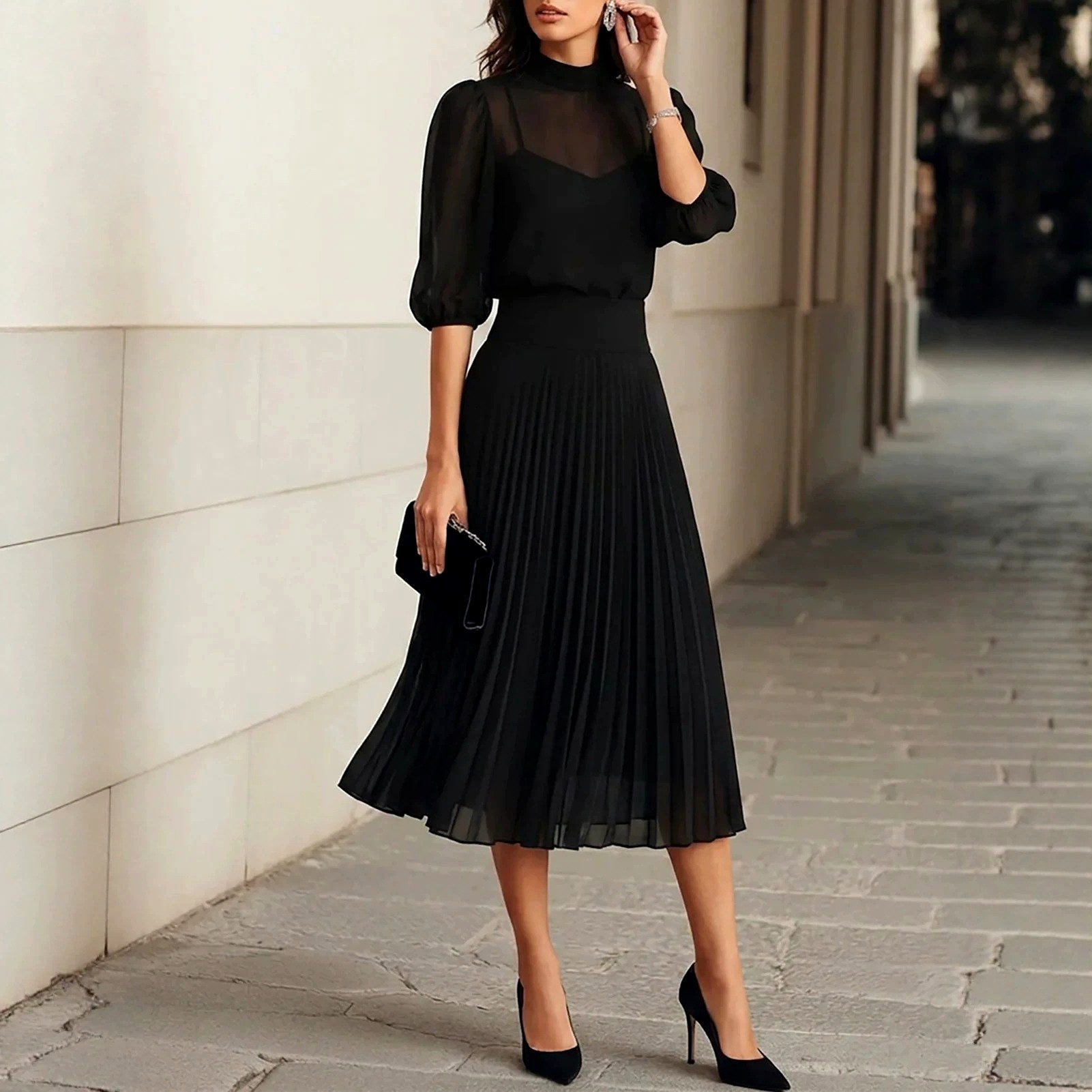 Alethea - Women's Sheer Sleeve Pleated Midi Dress Set
