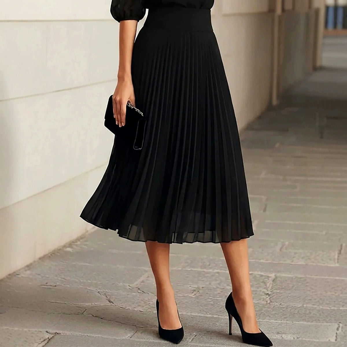 Alethea - Women's Sheer Sleeve Pleated Midi Dress Set