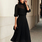 Alethea - Women's Sheer Sleeve Pleated Midi Dress Set