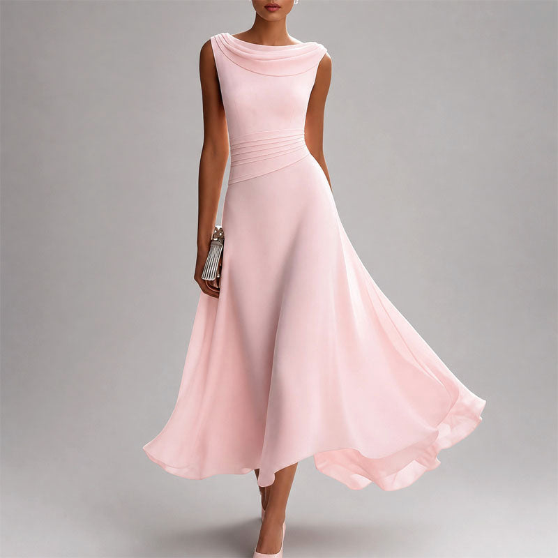 Alina - Women's Cowl Neck Ruched Waist Chiffon Midi Dress