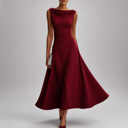 Alina - Women's Cowl Neck Ruched Waist Chiffon Midi Dress