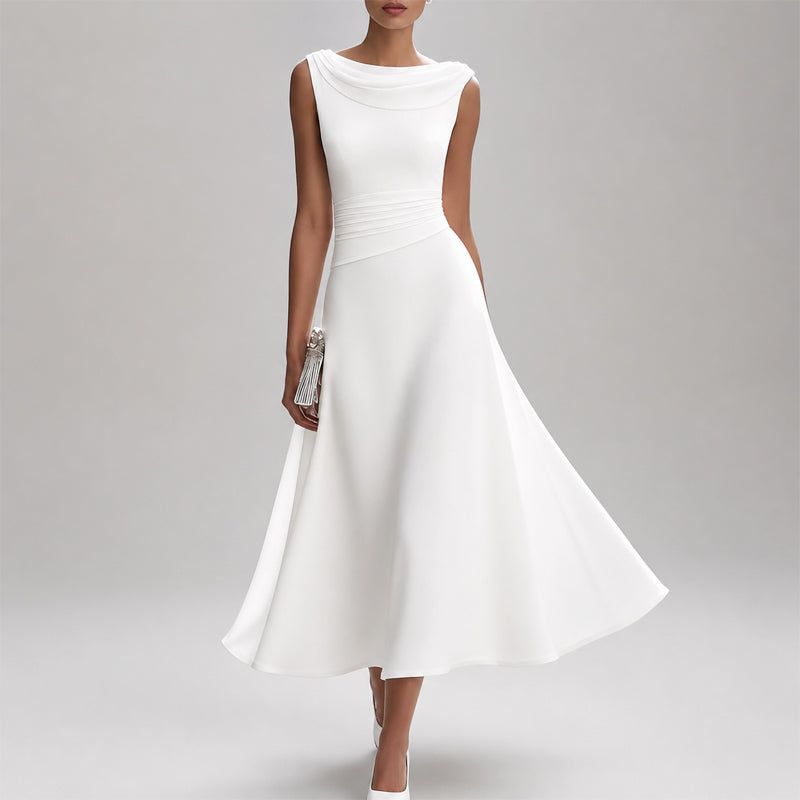 Alina - Women's Cowl Neck Ruched Waist Chiffon Midi Dress