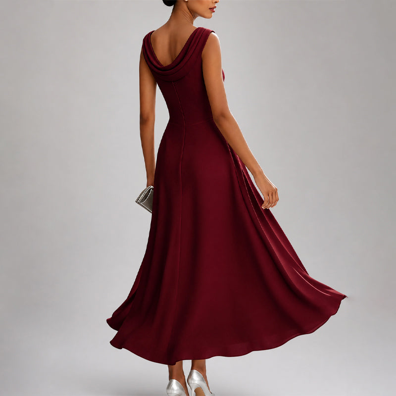 Alina - Women's Cowl Neck Ruched Waist Chiffon Midi Dress