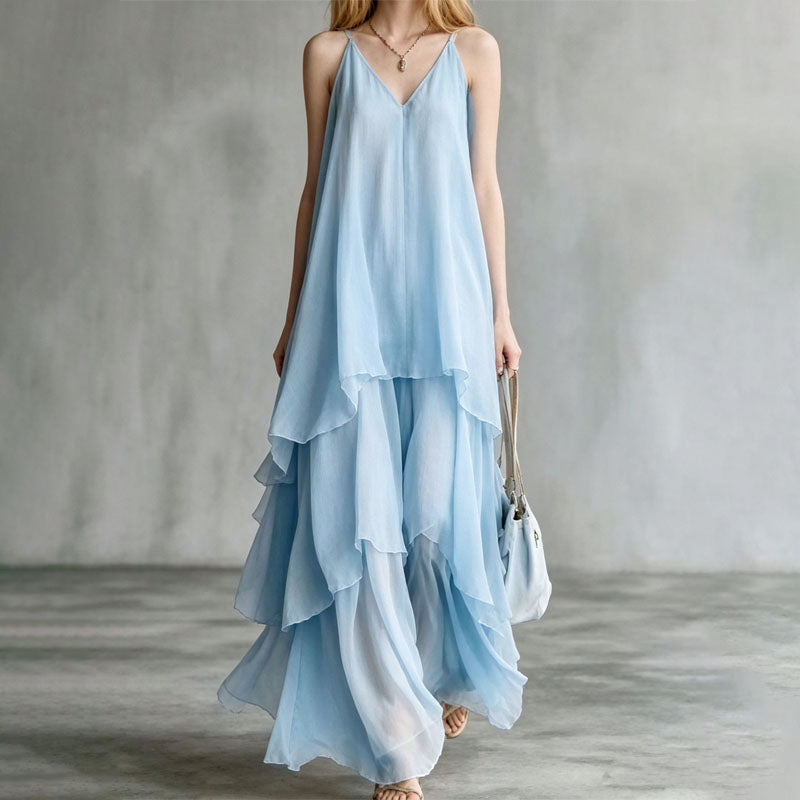 Arya - Women's Loose Fit Ruffle Chiffon Maxi Dress