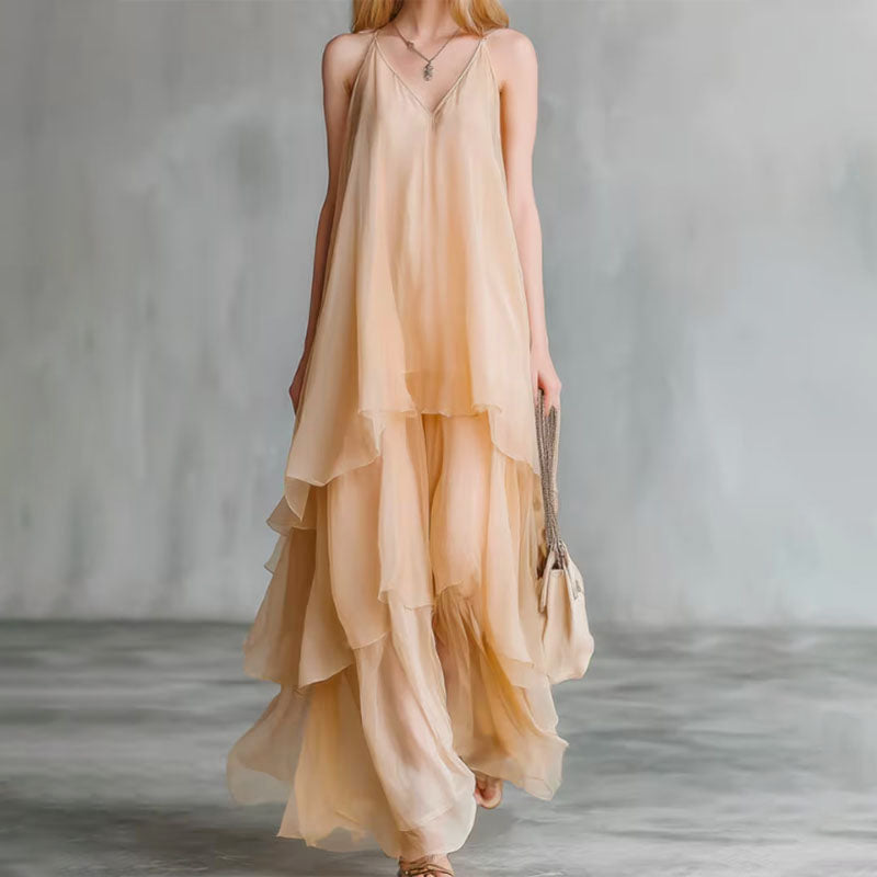 Arya - Women's Loose Fit Ruffle Chiffon Maxi Dress
