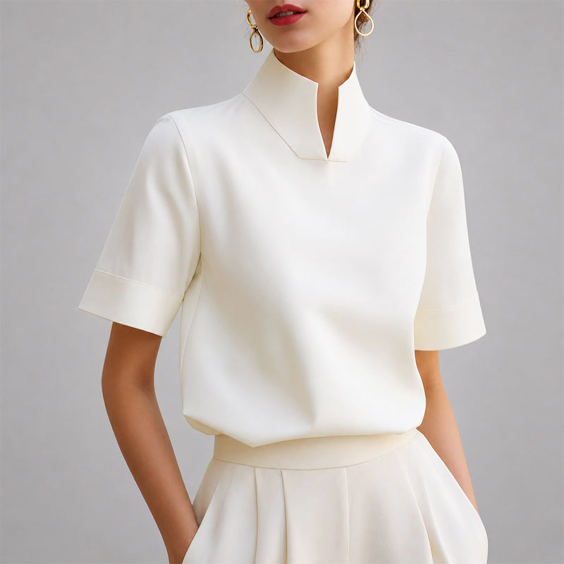 Ashley - Short Sleeve High-Neck Split Collar Blouse