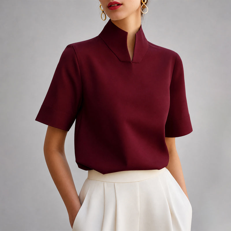 Ashley - Short Sleeve High-Neck Split Collar Blouse