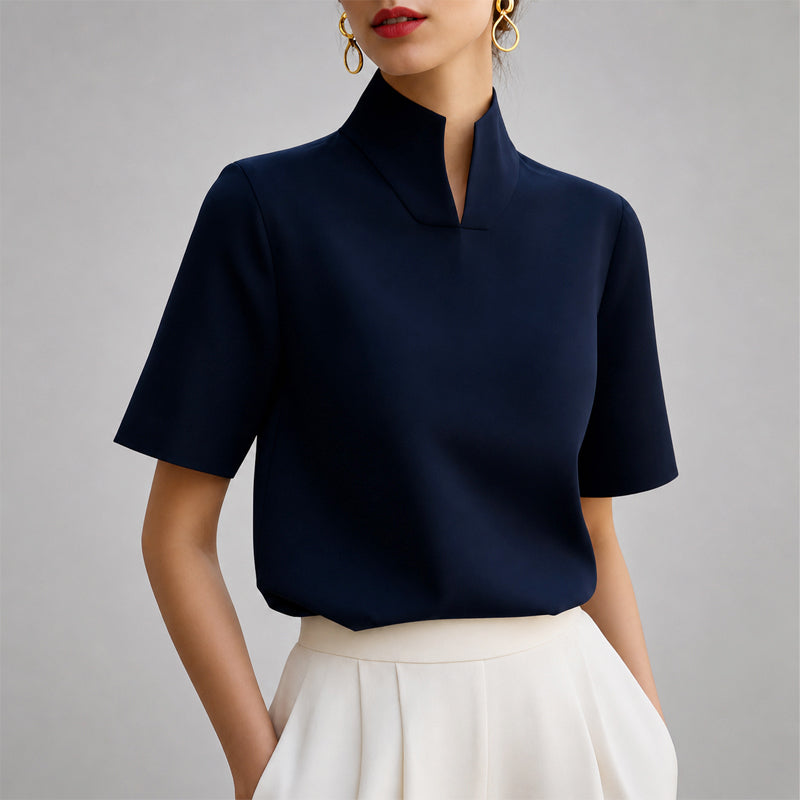 Ashley - Short Sleeve High-Neck Split Collar Blouse