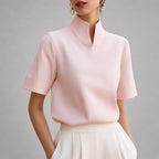 Ashley - Short Sleeve High-Neck Split Collar Blouse