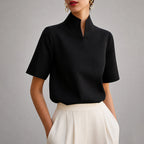 Ashley - Short Sleeve High-Neck Split Collar Blouse