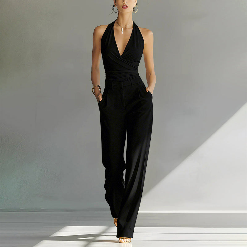 Avery - Women's Sleeveless V-Neck Wide-Leg White Jumpsuit