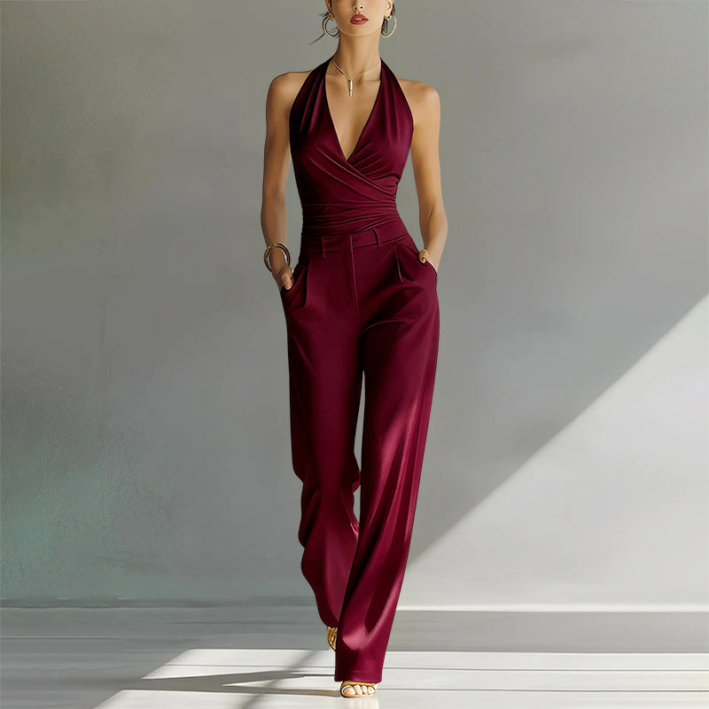 Avery - Women's Sleeveless V-Neck Wide-Leg White Jumpsuit