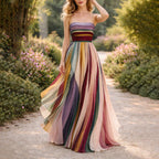 Callie - Colorblock Strapless Pleated Flowy Maxi Dress