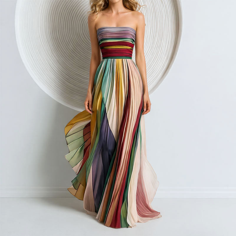 Callie - Colorblock Strapless Pleated Flowy Maxi Dress