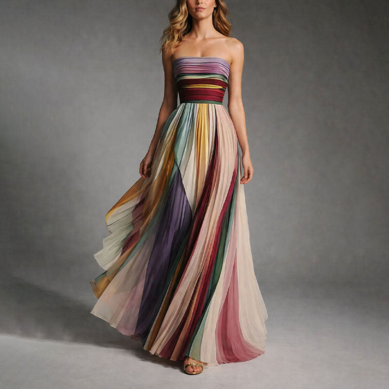 Callie - Colorblock Strapless Pleated Flowy Maxi Dress