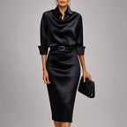 Celeste - Women's Collared Satin Cowl Neck Belted Midi Dress
