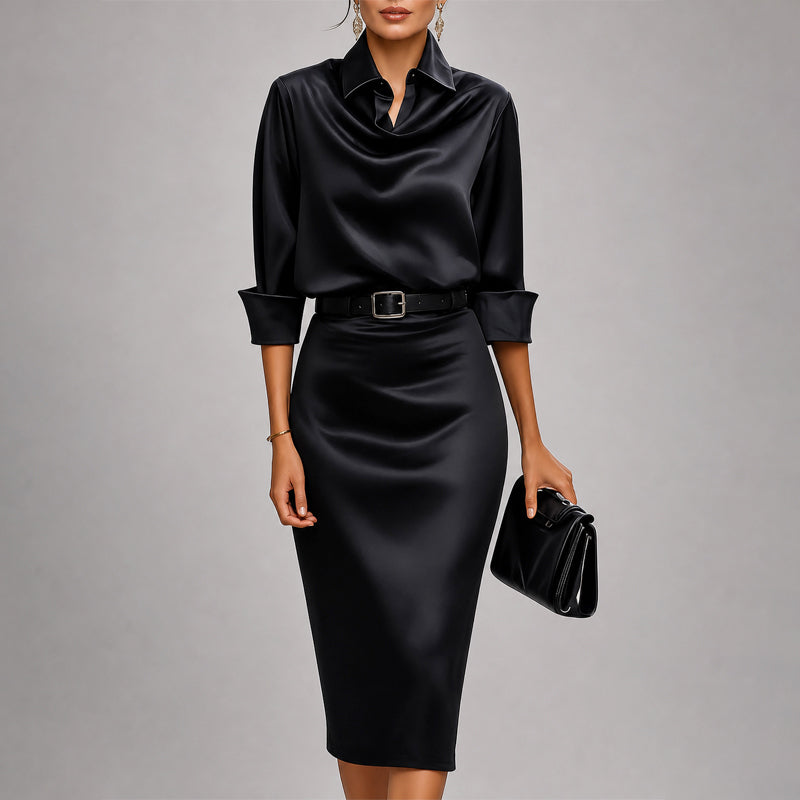 Celeste - Women's Collared Satin Cowl Neck Belted Midi Dress