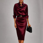 Celeste - Women's Collared Satin Cowl Neck Belted Midi Dress