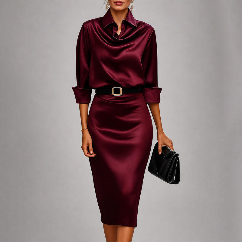 Celeste - Women's Collared Satin Cowl Neck Belted Midi Dress