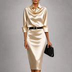 Celeste - Women's Collared Satin Cowl Neck Belted Midi Dress
