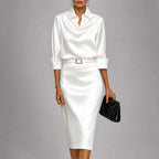 Celeste - Women's Collared Satin Cowl Neck Belted Midi Dress