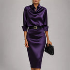 Celeste - Women's Collared Satin Cowl Neck Belted Midi Dress