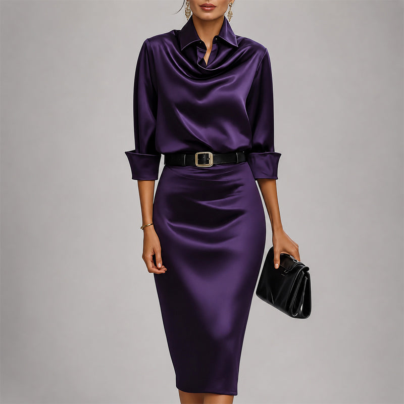Celeste - Women's Collared Satin Cowl Neck Belted Midi Dress