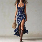 Celine - Smocked Ruffle Strap Vintage Floral Midi Dress