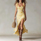 Celine - Smocked Ruffle Strap Vintage Floral Midi Dress