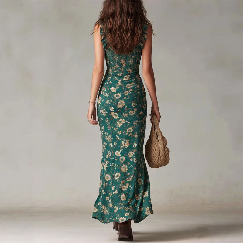 Celine - Smocked Ruffle Strap Vintage Floral Midi Dress