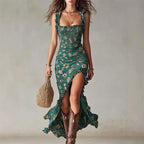 Celine - Smocked Ruffle Strap Vintage Floral Midi Dress