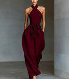Cherry - Women's Halter Wide Leg Tie-Up Suit Set 4