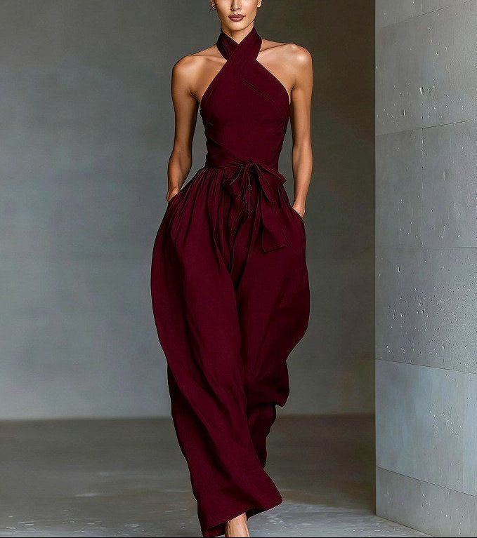 Cherry - Women's Halter Wide Leg Tie-Up Suit Set 4