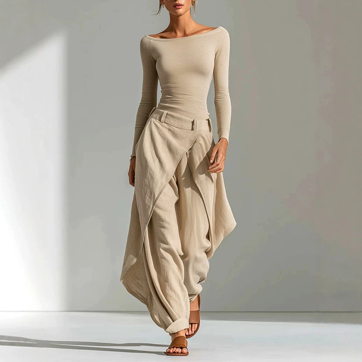 Davina - Women's Ribbed Boat Neck Top & Draped Pants Set