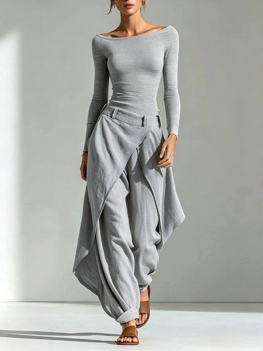Davina - Women's Ribbed Boat Neck Top & Draped Pants Set