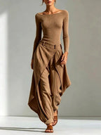 Davina - Women's Ribbed Boat Neck Top & Draped Pants Set