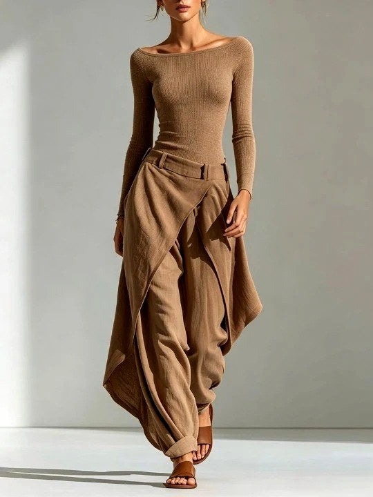 Davina - Women's Ribbed Boat Neck Top & Draped Pants Set