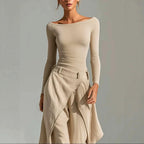 Davina - Women's Ribbed Boat Neck Top & Draped Pants Set