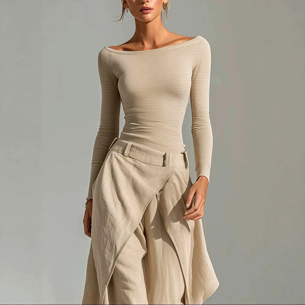Davina - Women's Ribbed Boat Neck Top & Draped Pants Set