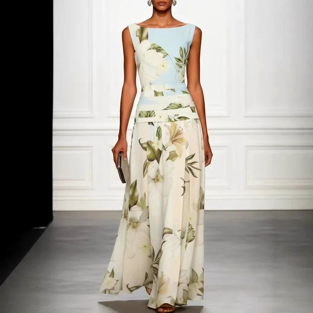 Dorothy - Women's Floral Boat Neck Maxi Dress