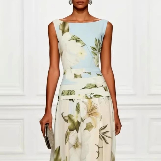 Dorothy - Women's Floral Boat Neck Maxi Dress
