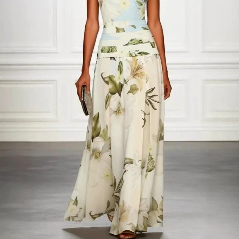 Dorothy - Women's Floral Boat Neck Maxi Dress