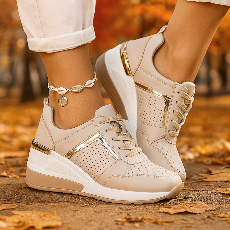 Elena - Women's Metallic Trim Wedge Platform Sneakers