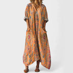 Elsie - Bohemian Print Loose-Fit Button-Front Caftan Dress